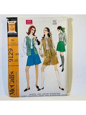 60s McCalls 9129 Sz 14 Twiggy Fashion Culottes Skirt shirt Vest Sewing Pattern